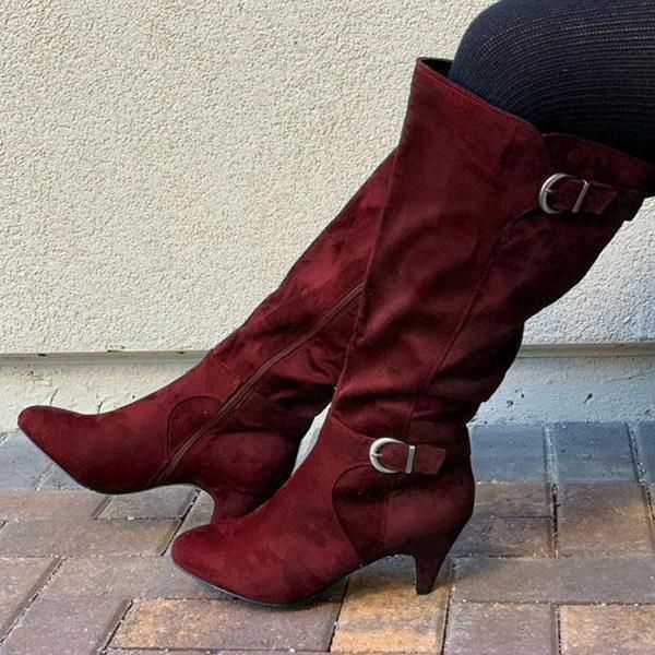 

boots women's adjustable wide calf kitten heel knee high, Black