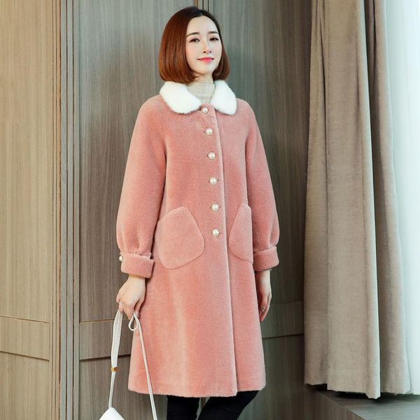 

women's fur & faux women 2021 winter long real genuine coats female turndown collar wool outwear ladies thick warm sheep shearing jacke, Black