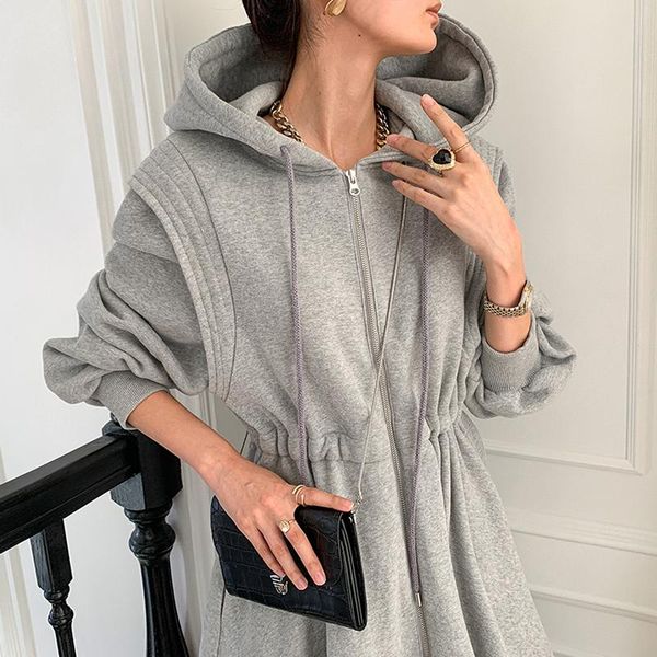 

casual dresses [ewq] elastic waist long sleeve female beige dress 2021 spring autumn chic zippers women hooded sweatshirt midi, Black;gray