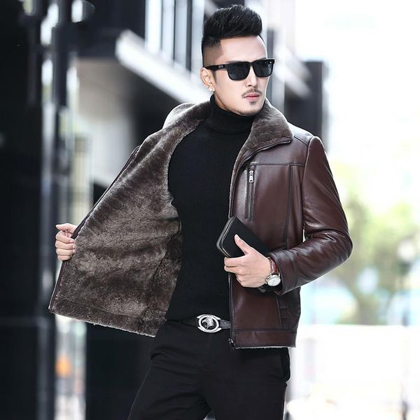 

men's leather & faux 100% genuine jacket men natural wool winter sheepskin coat real fur thick mens jackets kj851, Black