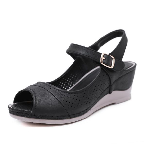 

women shoes platform sandals peep toe high wedges heel ankle buckles sandalia leather female, Black