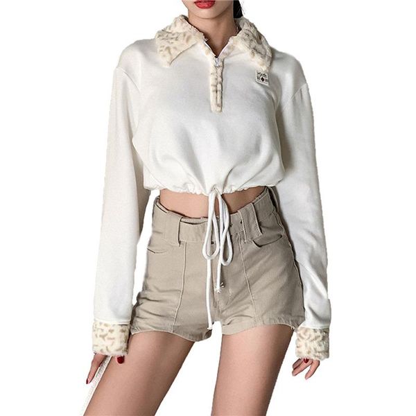 

winter autumn fashion womenÂ´s drawstring crop trendy long sleeve half zip faux fur lapel cuffs sweatshirts hoodies women's &, Black
