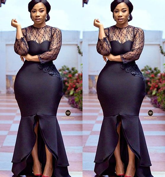 

2021 plus size arabic aso ebi mermaid black prom dresses sheer neck long sleeves evening formal party second reception bridesmaid gowns dres