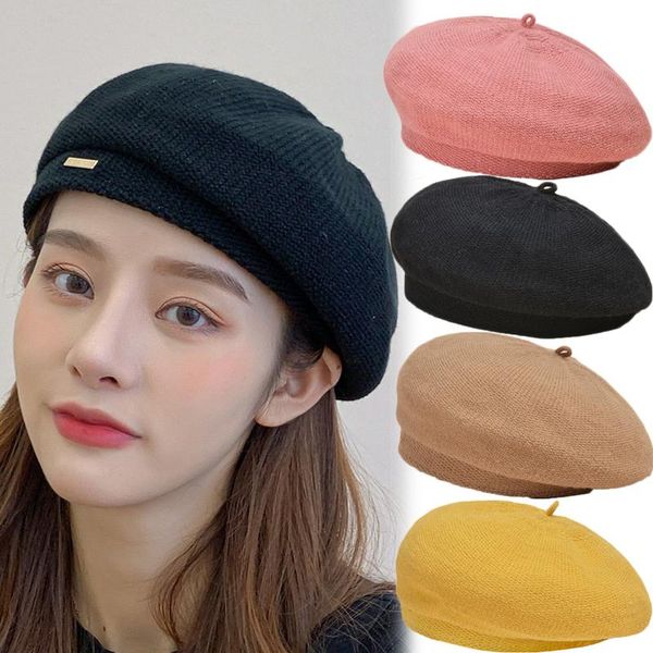 

berets 2021 fashion women autumn winter warm beret caps solid color knitted cotton hats adjustable tape lady, Blue;gray