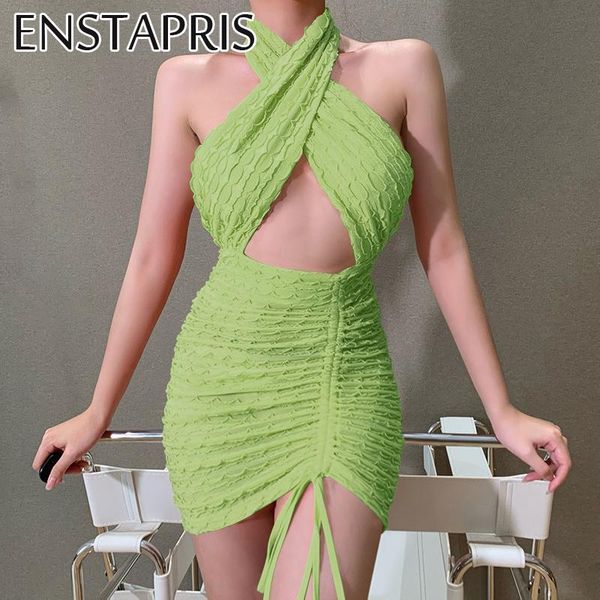 

casual dresses backless halter cut out bodycon dress women jacquard knitting ruched green summer mini robe femme vestidos mujer, Black;gray