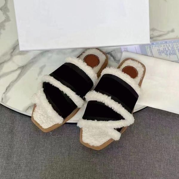 

2021 designer woody retro slippers women flat muller plush sandals winter indoor warm wool shoes leather fox fur slipper woman slide rubber, Black