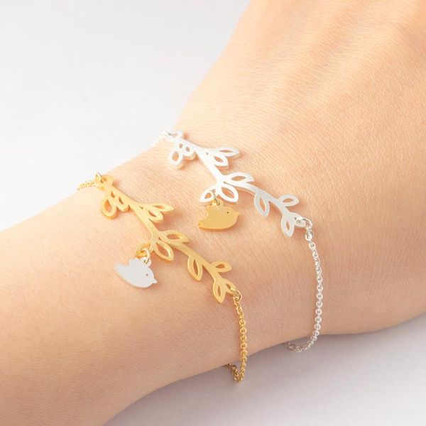 

charm bracelets simple daily jewelry stainless steel branch and bird bracelet femme gold color for women birthday gift, Golden;silver