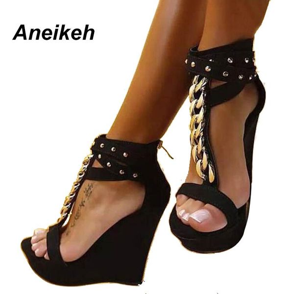 

aneikeh summer 2021 europe rivet ultra-high wedges waterproof taiwan female sandals black t-strap metal chain women's shoe