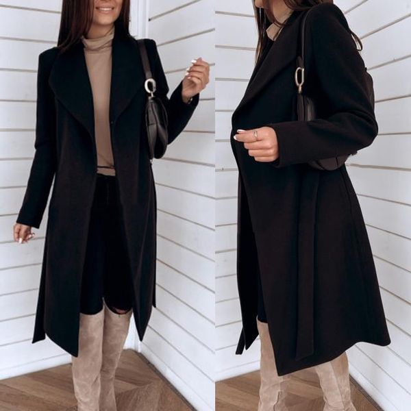 

women's wool & blends chic women coat casual elegant solid color long outerwear autumn winter fashion office jacket streetwear 2021, Black