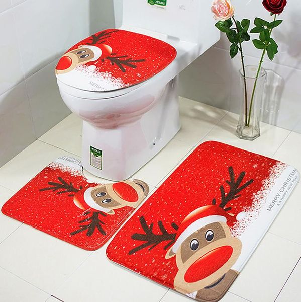 

bath accessory set merry christmas bathroom 3pc/set snowman santa claus elk pattern waterproof shower toilet cover mat non slip rug home dec