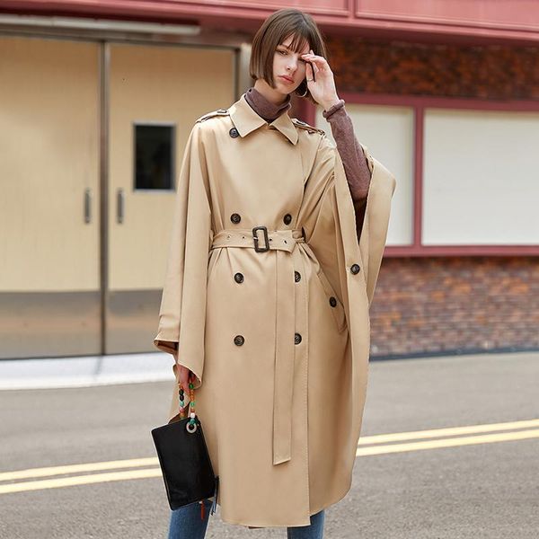 

women's trench coats large cuff khaki windbreaker women lapel waist bat sleeve loose oversized belt coat 2021 e14, Tan;black