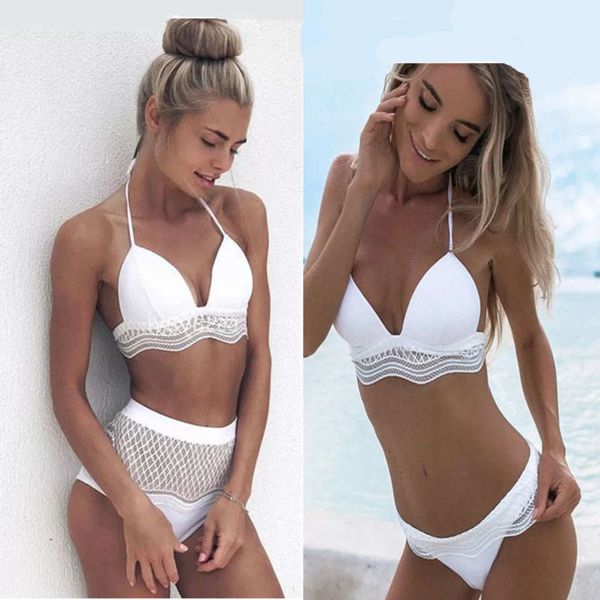 

bikini swimsuit with white lace and high waist triangle, White;black