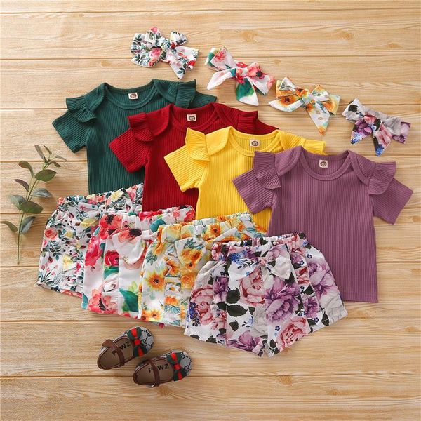 

clothing sets 3pcs 1-5years baby girls cotton outfits,summer sweet cute style short sleeve o-neck +floral print shorts+bow-knot headband, White