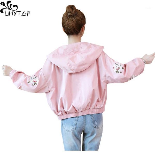 

women's jackets uhytgf plus size women autumn jacket loose raglan sleeve embroidery short outerwear casual hooded lady casaco feminino8, Black;brown