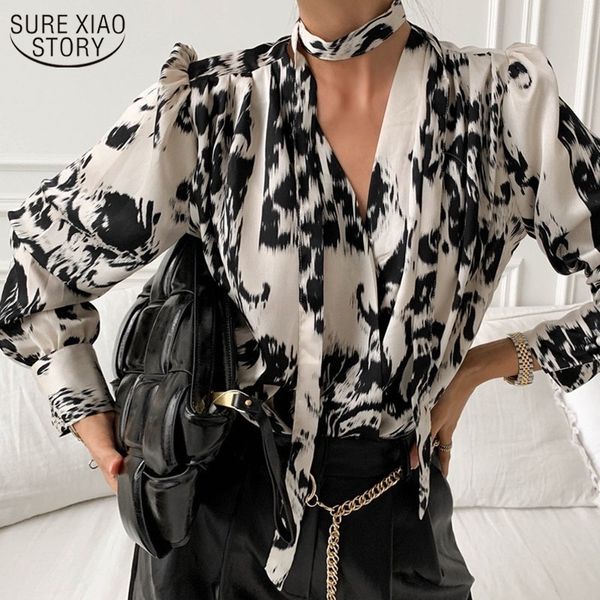 

summer shirt chic lace up blouse women's spring haltar v-neck single breasted leopard print loose long sleeve 13606 210508, White