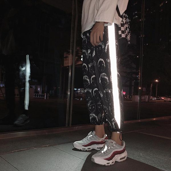 

reflective hip hop joggers womens capri printing trousers gothic plus size streetwear dropshipping, Black;white