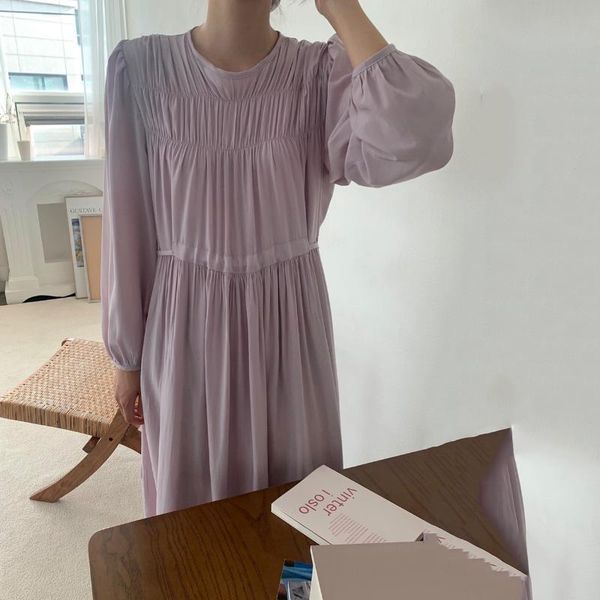

casual dresses woman long dress elegant full sleeve o-neck loose solid color korean style minimalist ladies vintage midi vestidos, Black;gray