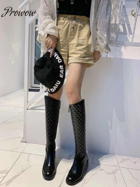 

boots prowow runway fashion design genuine letaher rond toe knee high zip side quality women zapatos mujer, Black