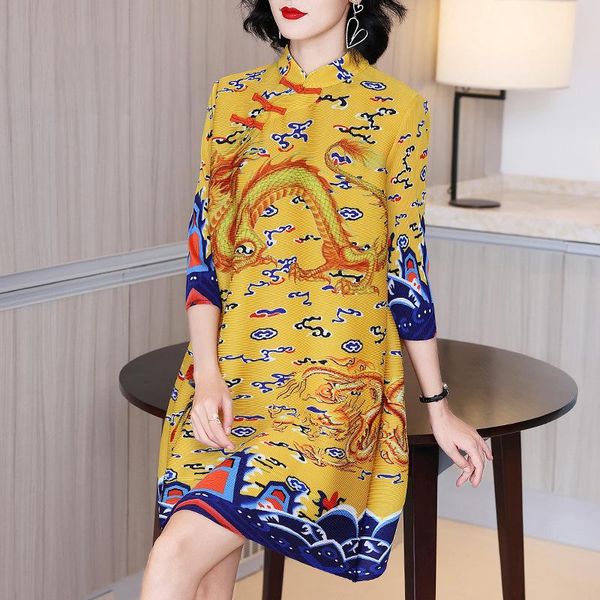 

french retro chinese style print dress spring 2021 women's loose plus size pleated casual dresses, Black;gray