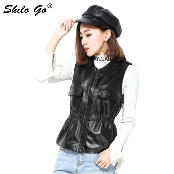 

women's vests leather vest womens spring fashion sheepskin genuine v neck side pocket stretch waist casual, Black;white