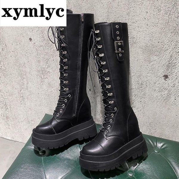 

boots autumn women knee high wedges heels 10 cm platform lace up long fashion leather sneakers motorcycle1, Black