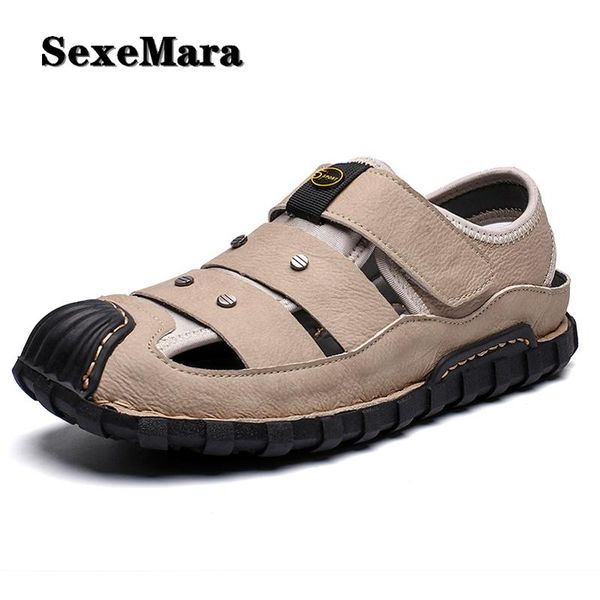 

sandals men fashion soft leather covered toe fretwork hook & loop rubber sole fisherman casual beach size 39-48, Black