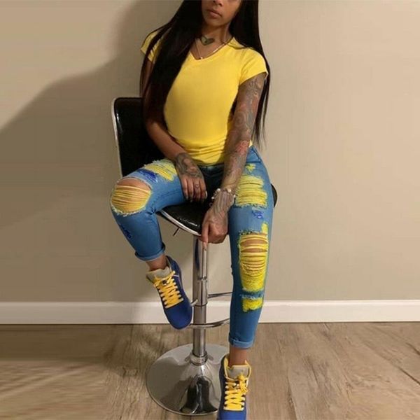

women's jeans ripped for women denim pencil pants high waist stretch skinny boyfriend torn jeggings plus size, Blue