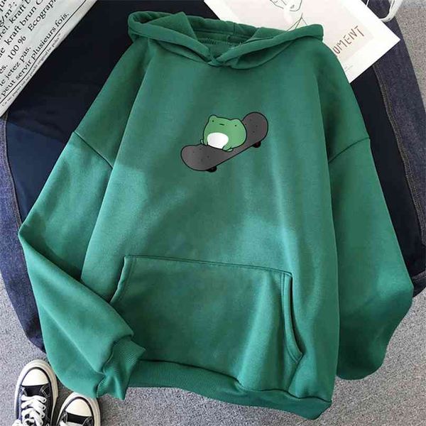

winter skateboard frog oversized sweatshirt for men and womens hoodies warm pullover drawstring oversize clothes 210805, Black