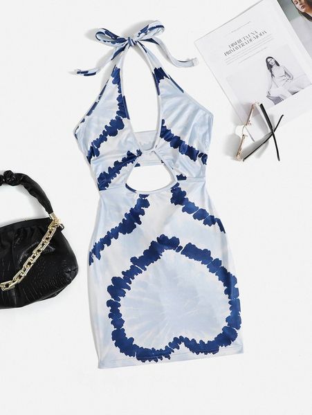 

cut out front tie dye halter dress n8gl#, Black;gray