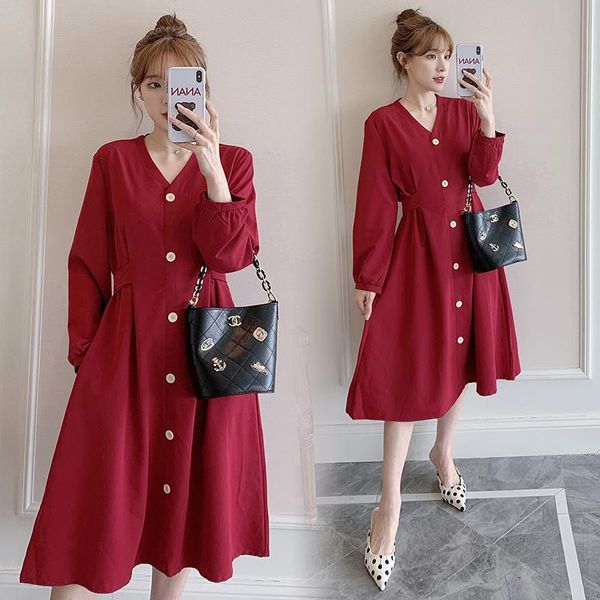 

maternity dresses 0985# dress long sleeves v neck plain color red loose plus size midi pregnant women mom pregnancy clothes, White