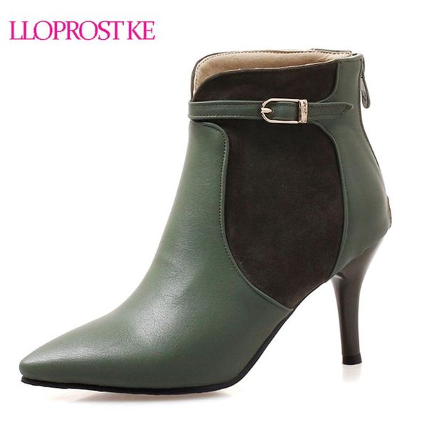 

boots lloprost ke autumn ankle women thin high heels buckle short plush pointed toe fashion motorcycle wedding shoes d12, Black