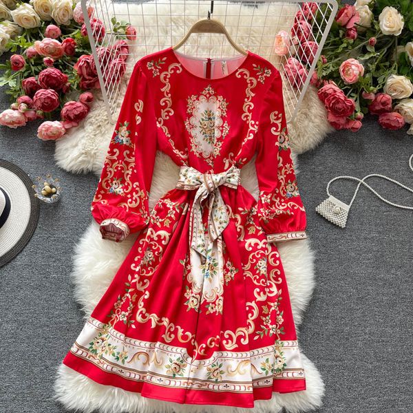 

spring vestidos women's printed slim round neck puff sleeve lace-up waist slimming mini dress gk796 210506, Black;gray