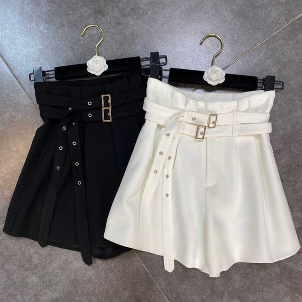 

fabpop summer high waist wide leg shorts with double belts women streetwear gb112 210709, White;black