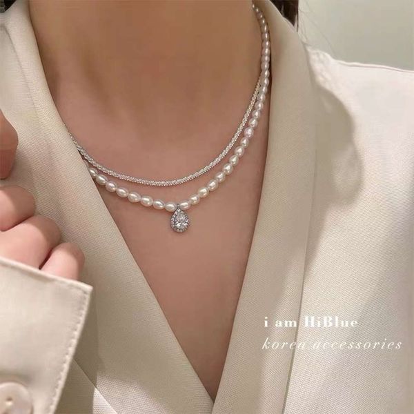 

necklacekorean spring freshwater pearl necklace simple double layer detachable clavicle chain plated with real platinum, Silver