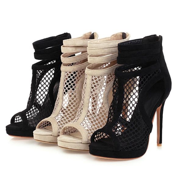 

2021 new summer womens high heels Korean fashion sexy plus size banquet shoes fishnet fine heel sandals women, Apricot