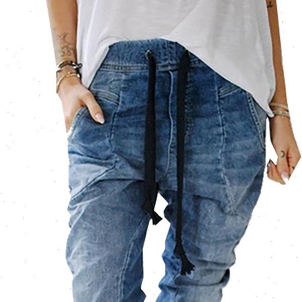 

lace up demin pants clothing women jeans long blue drawstring solid casual trousers pencil