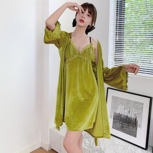 

women's sleepwear -xl women lace floral 2pcs robe sets bride dressing kimono bathrobe gown strap nightgown velour home wear, Black;red
