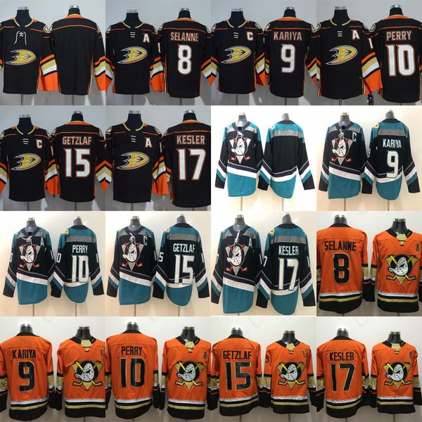 

third anaheim mighty ducks of anaheim 9 paul kariya 8 teemu selanne 10 corey perry 15 ryan getzlaf 17 ryan kesler blank ice hockey jersey, Black;red