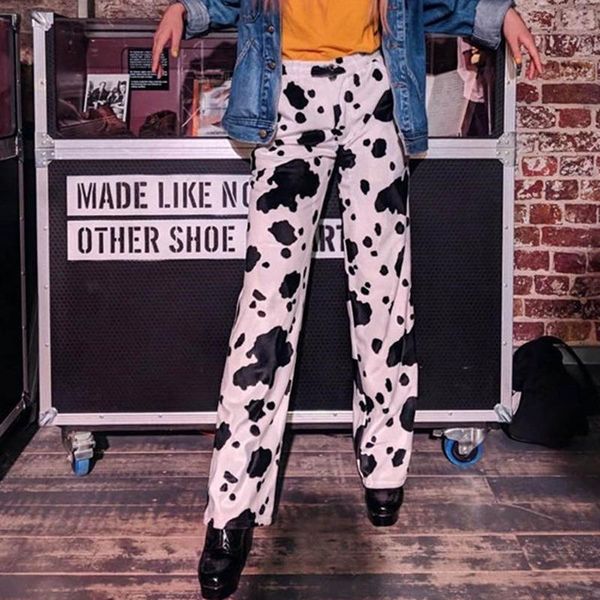 

women's pants & capris 2021 milk cow print women straight fashion trousers pantalon female girls casual elastic waist clothes, Black;white