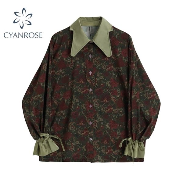 

autumn vintage style floral printing loose women's blouse shirt korean casual long sleeve ladies button blouses female 210515, White