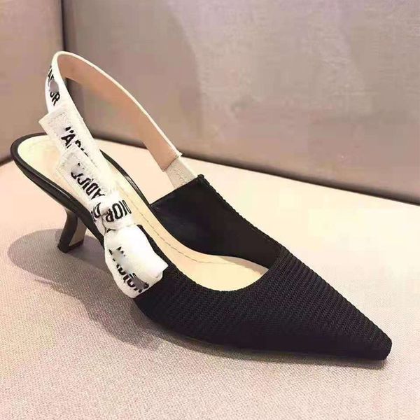 

d family high version letter with sandals women's summer thin heel pointed cat heel baotou back empty single shoes striped high heels y, Black
