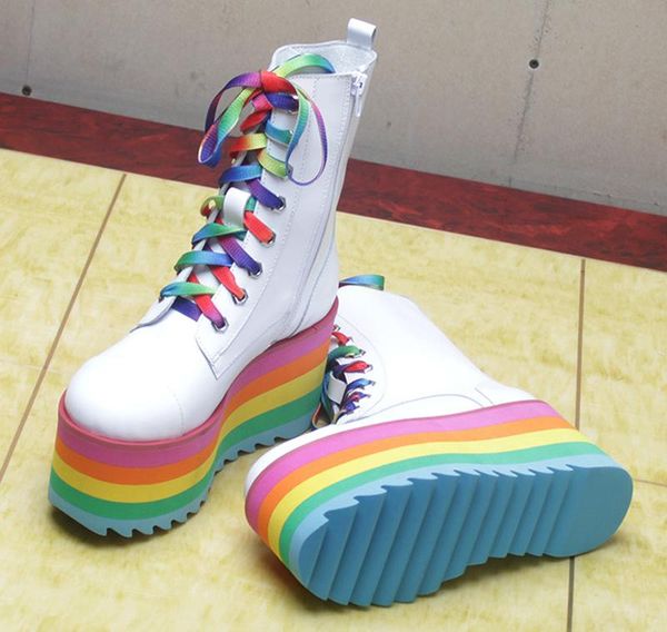 

boots chic rainbow platform sole white black leather ankle pointed toe thick wedge heel woman colorful lace -up short booties