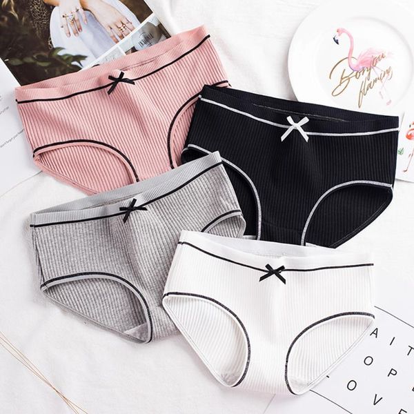 

women's panties japanese cute large size candy color threaded breathable mid-waist bowknot cotton, Black;pink