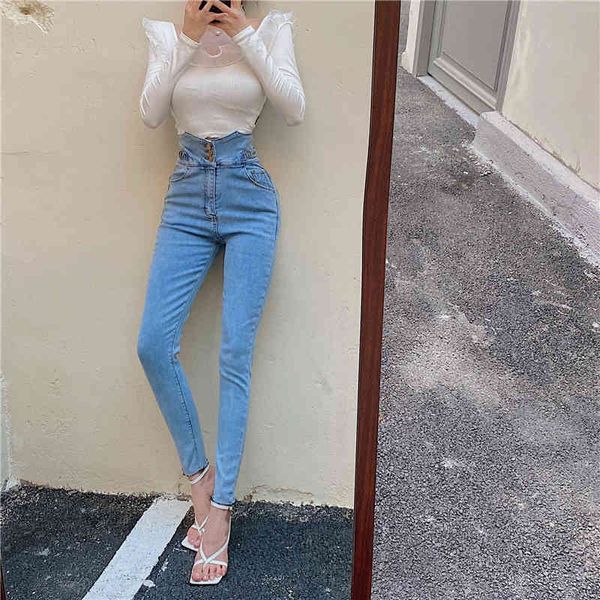 

moluleva 2021 single-breasted spring vintage pants high-waisted stretch female capris streetwear blue jeans