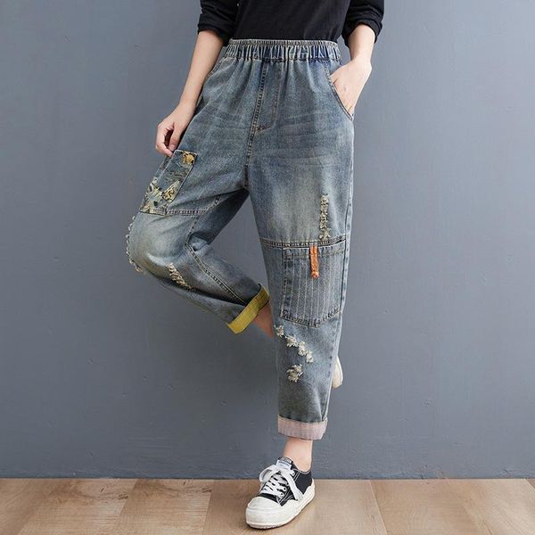 

women's jeans pants for women distressed patch printed denim daddy autumn nice casual cropped harem, Blue