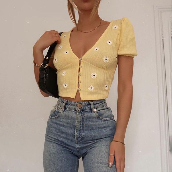 

women's t-shirt women summer puff sleeve t-shirts flower embroidery v-neck button crop lady sweet ribbed knit tees, White