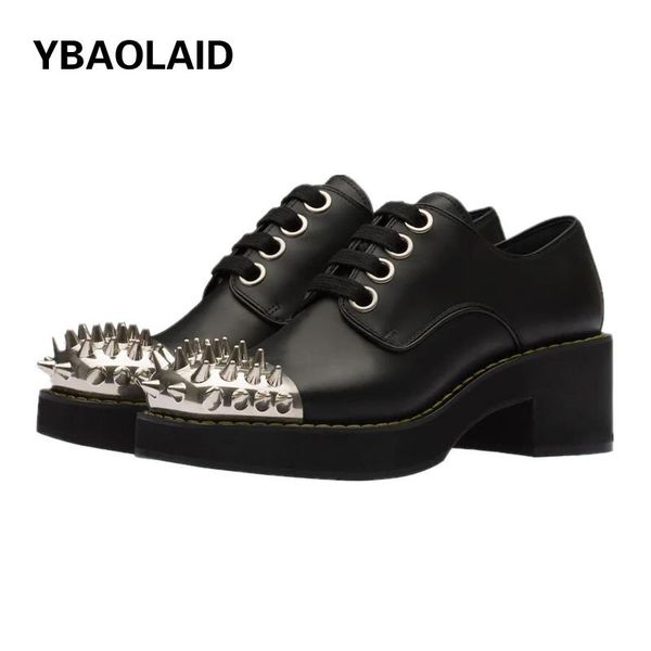 

dress shoes spring autumn cow leather platform lace-up iron toe neutral punk loafers large size rivet handsome causal ladies single, Black