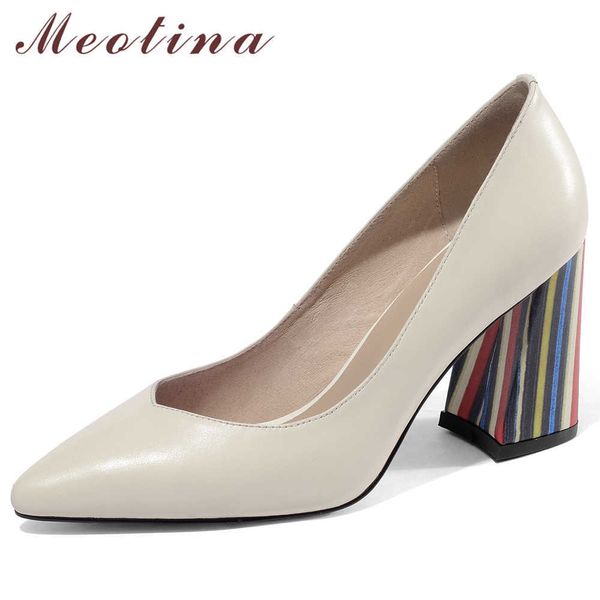 

meotina high heels women glove shoes natural genuine leather block heels office lady shoes cow leather super high heel pumps 39 210608, Black