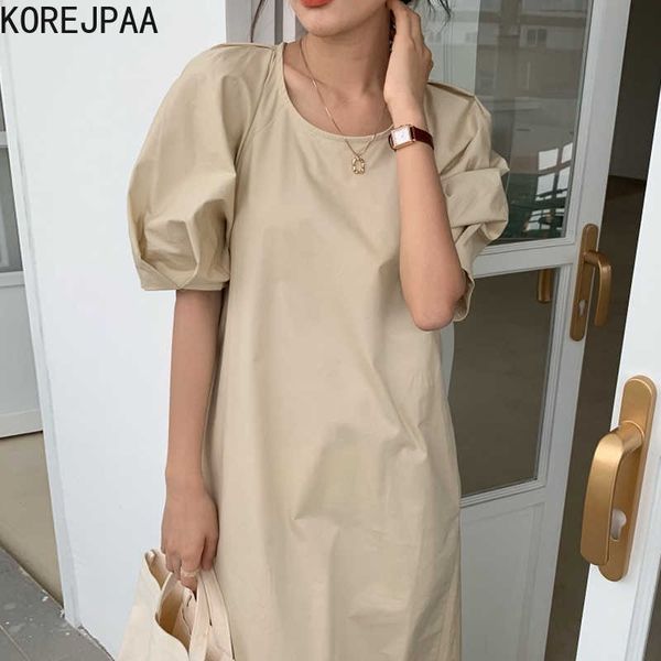

korejpaa women dress summer korean chic female minimalist all-match round neck loose candy color design puff seeve vestidos 210526, Black;gray