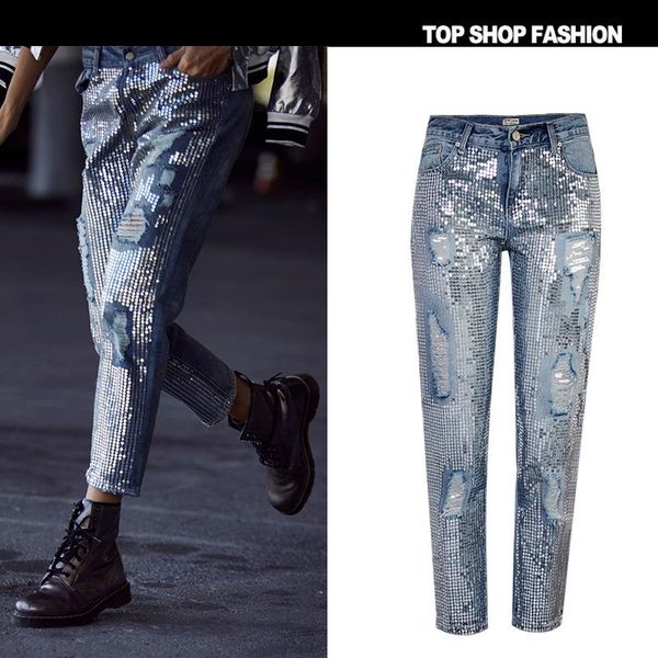 

fashion casual jeans old hole metal mid-waist loose straight denim nine-pants ultra- metallic embroidered be women's, Blue